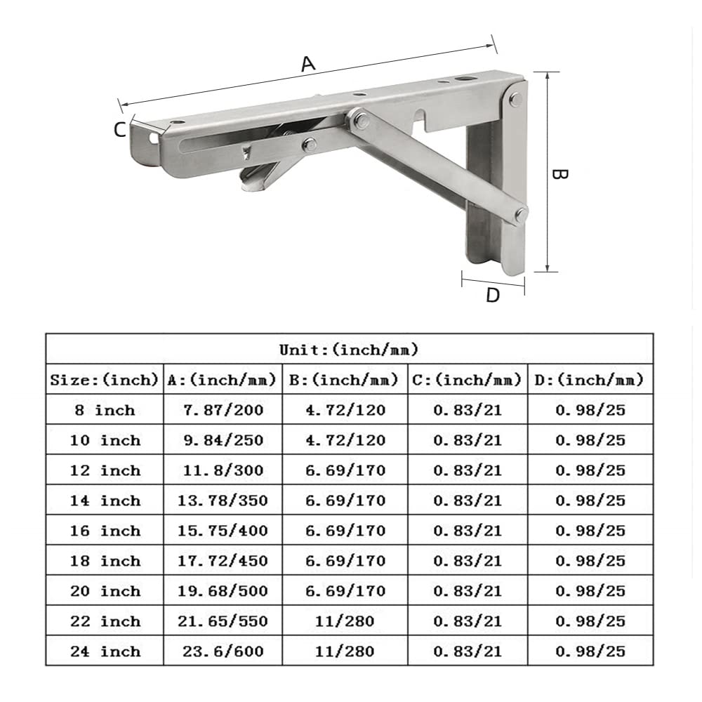Folding Shelf Brackets, Max Load 300 lb, Heavy Duty Stainless Steel Collapsible Wall Mounted Shelf Brackets for Table, Space Saving DIY Bracket, Pack of 2 (2, Foldable 12")