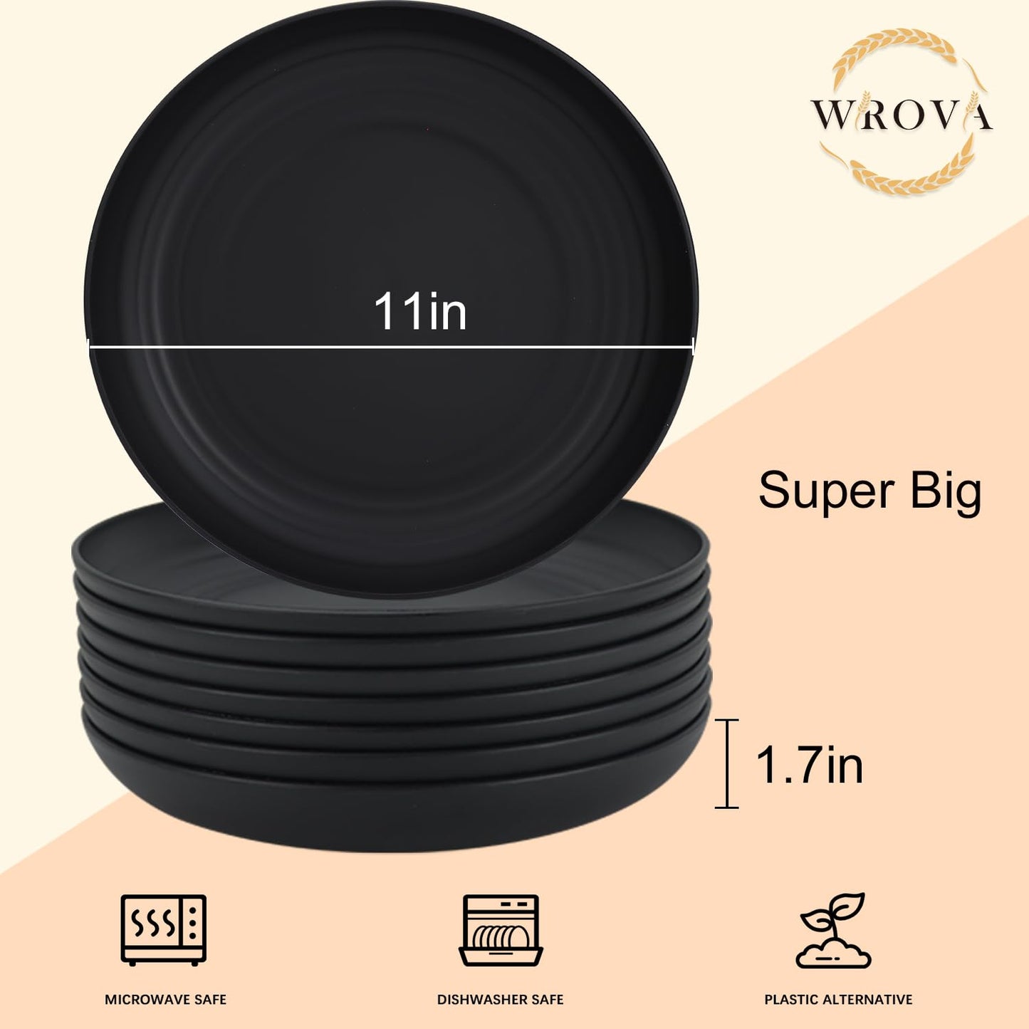 Wrova Large Wheat Straw Dinner Plates - 11 Inch Unbreakable Set of 8 - Dishwasher & Microwave Safe, Deep Edge for Kitchen and Camping (Black)