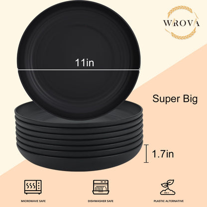 Wrova Large Wheat Straw Dinner Plates - 11 Inch Unbreakable Set of 8 - Dishwasher & Microwave Safe, Deep Edge for Kitchen and Camping (Black)