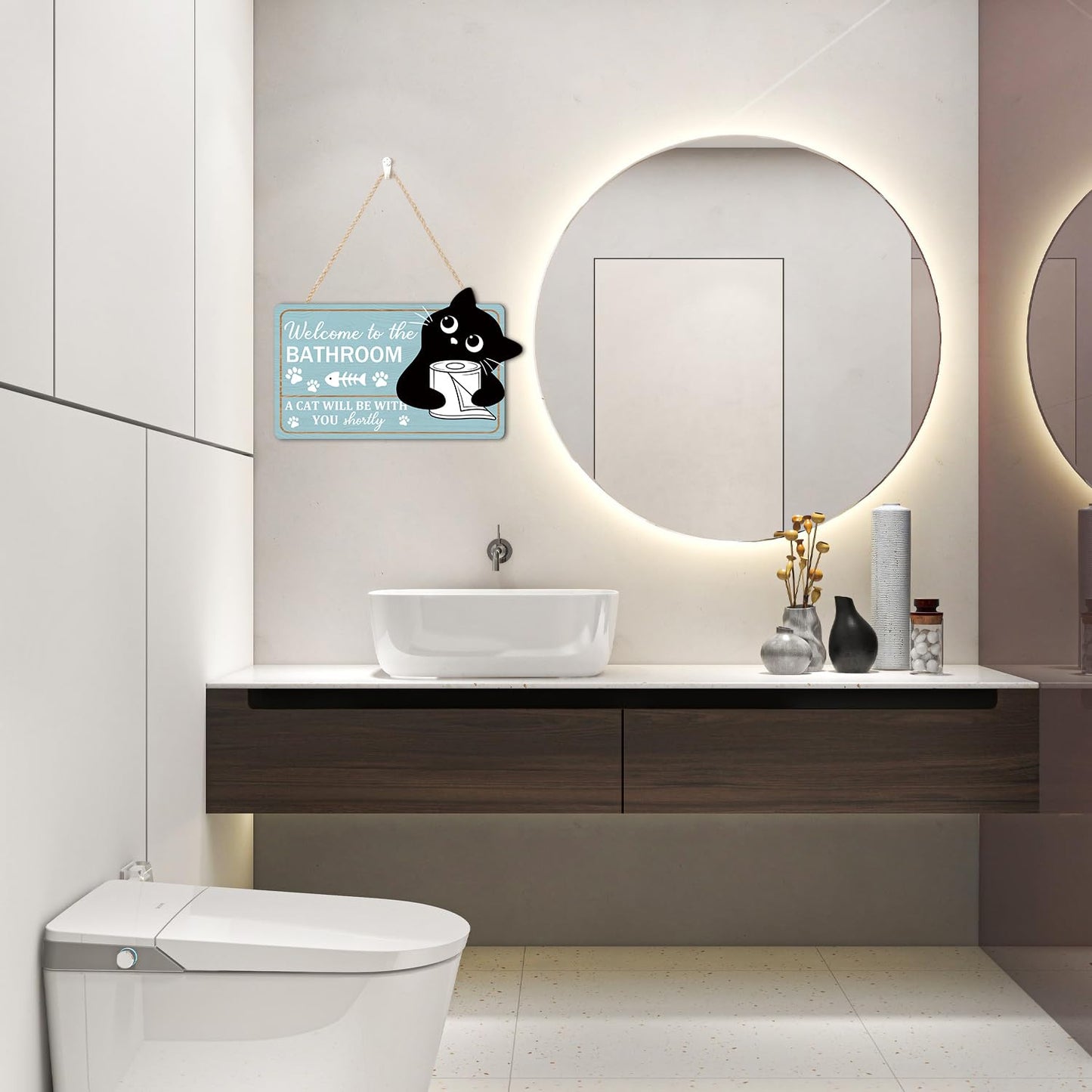 TOARTi Funny Bathrooms Decor Black Cats Welcome to The Bathroom Wood Sign A Cat Will Be with You Shortly Black Cat Bathroom Wooden Hanging Sign for Toilet Powder Room Restroom Wall Decoration