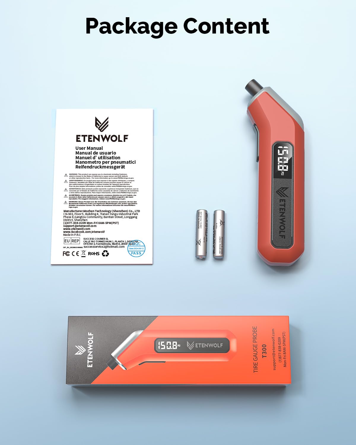 ETENWOLF T300 Digital Tire Pressure Gauge 3-200 PSI, Industrial Tire Gauge Calibrated to ANSI B40.7 Grade 2A(Plus-Minus 0.5%), Replaceable AAA Batteries (Vivid Orange)