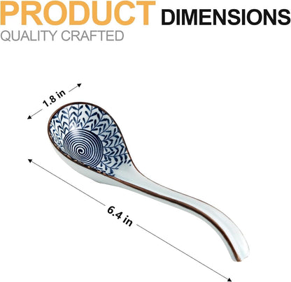 Ceramic Asian Soup Spoons, Easy to Hold, Long Handle Perfect Depth Spoon Set for Japanese Ramen Noodles, Chinese Dumpling, Pho, Miso, Wonton, Dishwasher Safe -Set of 4 - Blue