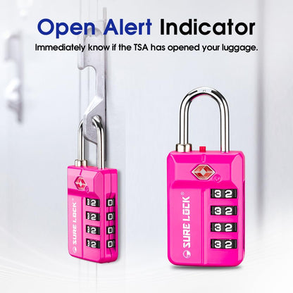 SURE LOCK TSA Approved 4-Digit Resettable Combination Luggage Locks with Open Alert, Easy-Read Dials - for Luggage, School Lockers, Gym, Office, Toolbox & Security Cases (Pink 1 Pack)