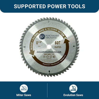 Benchmark Abrasives TCT 8 1/2 Inch Circular Saw Blade, Tungsten Carbide Tipped for Cutting, Plywood, Hardwood, Wood Carving, MDF Panel - Small Circular Saw Wood Cutting Tool - (8-1/2", 60 Tooth)