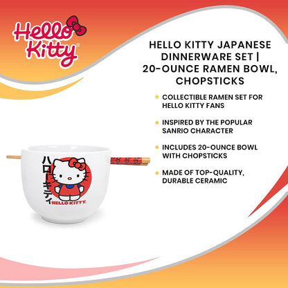 Silver Buffalo Sanrio Hello Kitty Japanese Ceramic Ramen Noodle Rice Bowl with Chopsticks, Microwave Safe, 20 Ounces