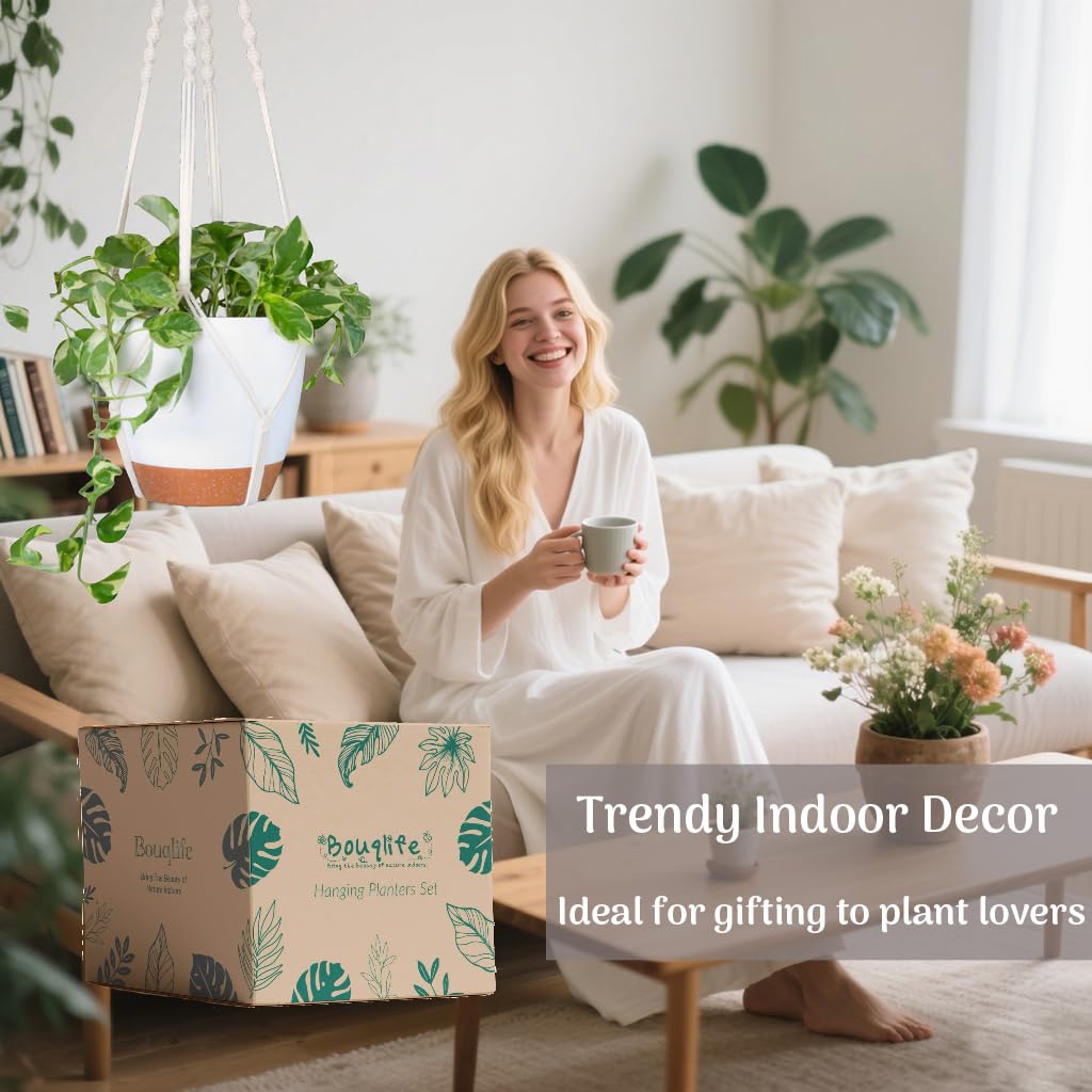 Bouqlife Hanging Planters with Macrame Plant Hangers for Indoor Outdoor Plants 3 Set Self Watering Pots Hanging Baskets Flower Pot Holders 3 Different Size