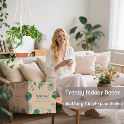 Bouqlife Hanging Planters with Macrame Plant Hangers for Indoor Outdoor Plants 3 Set Self Watering Pots Hanging Baskets Flower Pot Holders 3 Different Size