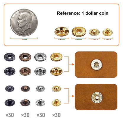 Qfun 120 Set Snap Fasteners Kit for Leather 12mm Metal Button Snaps Press Studs with 4 Setter Tools, 1 Hammer, 4 Color Leather Snaps for Clothes, Jackets, Jeans Wears, Bracelets, Bags