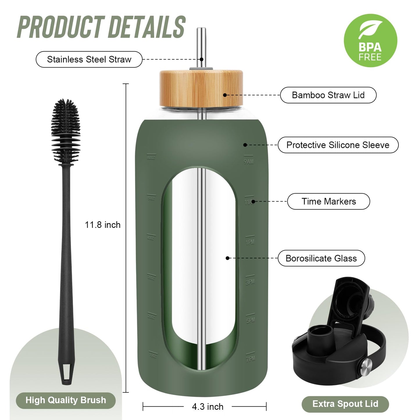 FULBEVY Glass Water Bottles 64 oz - Half Gallon Large Motivational Daily Water Intake Bottle Time Marker - Glass Water Bottle With Straw, Silicone Sleeve 2 Lids, Handle Spout & Bamboo Lid(Olive)