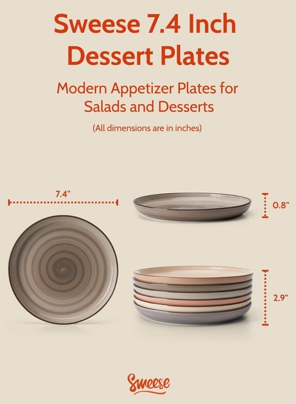 Sweese 7.4 Inch Porcelain Dessert Plates - Round Salad, Appetizer Plate Set for Kitchen, Small, Dishwasher Microwave Safe, Set of 6, Neutral
