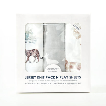 Stretchy Ultra Soft Jersey Knit Pack n Play Sheets Set 3 Pack, Portable/Mini Crib Sheets for Girls and Boys, Universal Fit for Pack N Plays Safe and Snug, Stylish African Savannah Animals Pattern