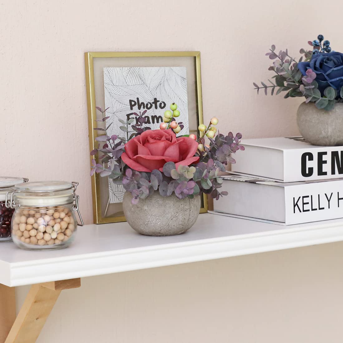 Rosscer Artificial Flowers Kit with Pot, Combination of Fake Silk Pink Roses and Greenery,Small Plant Potted Decor for Offices,Bookshelf,Bedroom, Living Room,Party,Wedding Decorations