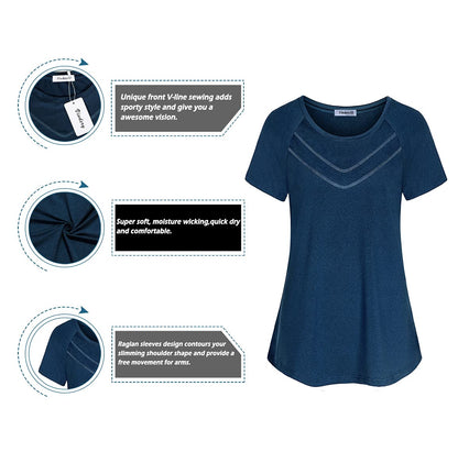 Vldnery Workout Shirts for Women Short Sleeve Yoga Tunic Tshirt Loose Fit Exercise Tops Training Running Clothes Fitness Tees Jogging Bike, Dark Blue 3X-Large
