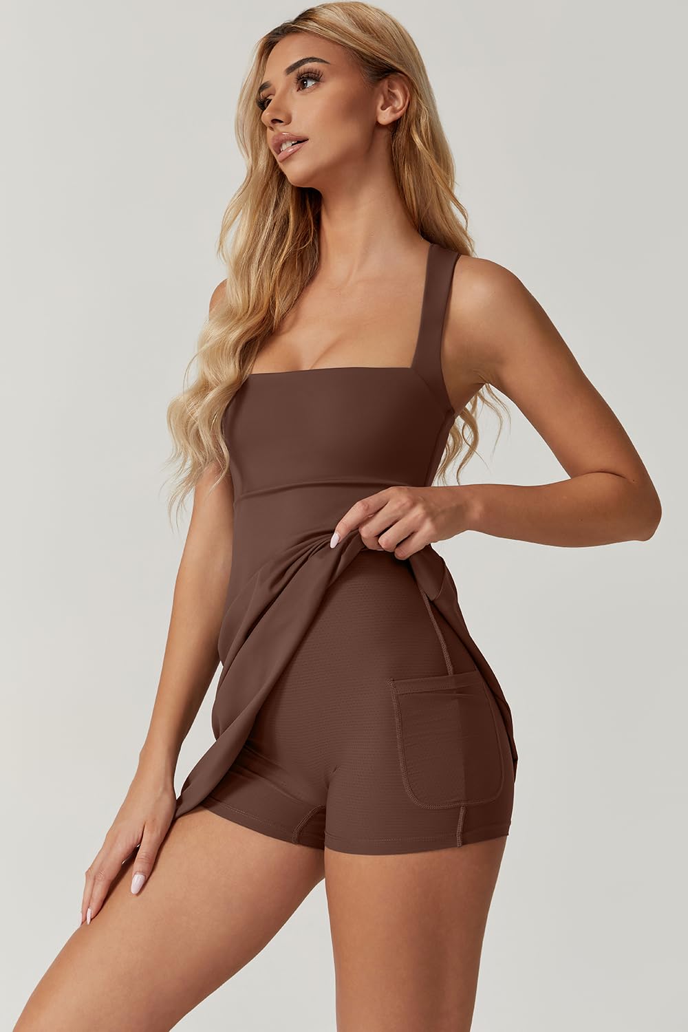 QINSEN Sleeveless Athletic Dress for Women High Waist Square Neck Tennis Dress Built in Shorts Golf Active Dress Chestnut M