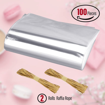 Tudomro 100 Pcs Clear Flat Cellophane Soap Bags for Packaging 4.9'' x 7.9'' Small Mini Soap Cookie Candy Wrappers Bags with Raffia Rope for Wedding Christmas Craft Gift Birthday Party Favor Supplies