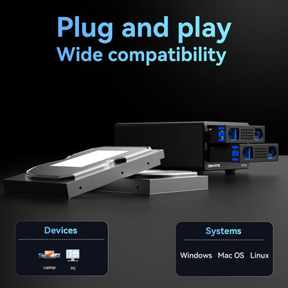 CENMATE Aluminum Dual Bay Hard Drive Enclosure with Cooling Fan for 2.5“/3.5" SATA HDD/SSD with USB A/C 3.0, Support Hot Swappable, Daisy Chain Expansion, Tool-Free HDD Enclosure, DAS(NO RAID/NAS)