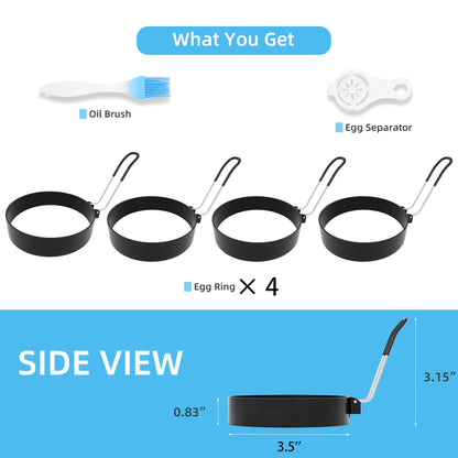 Stainless Steel Egg Rings for Frying Eggs（4 Pack） - 3.5" Round Non Stick Griddle Rings with Oil Brush, Egg Sandwich/Pancake/Cooking Molds, Breakfast Maker Accessories & Egg Separator