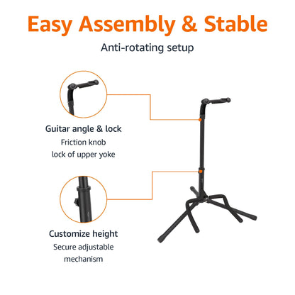 Amazon Basics Height Adjustable Foldable Guitar Stand with Secure Support for Acoustic, Electric, Bass and Banjos, Sturdy, Black