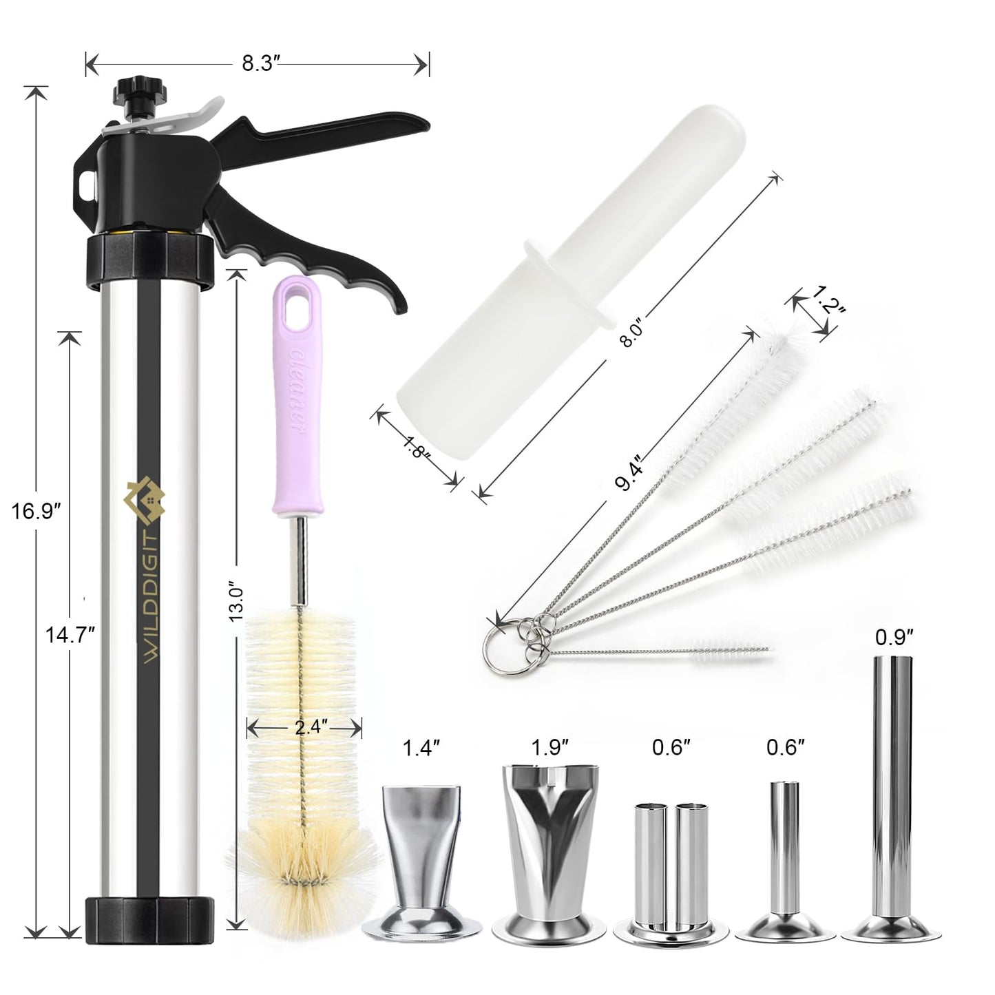 WILDDIGIT Professional Beef Jerky Gun Kits, Stainless Steel Jerky Maker, Jerky Cannon, Meat Gun with 5 Stainless Nozzles and 5 Brushes