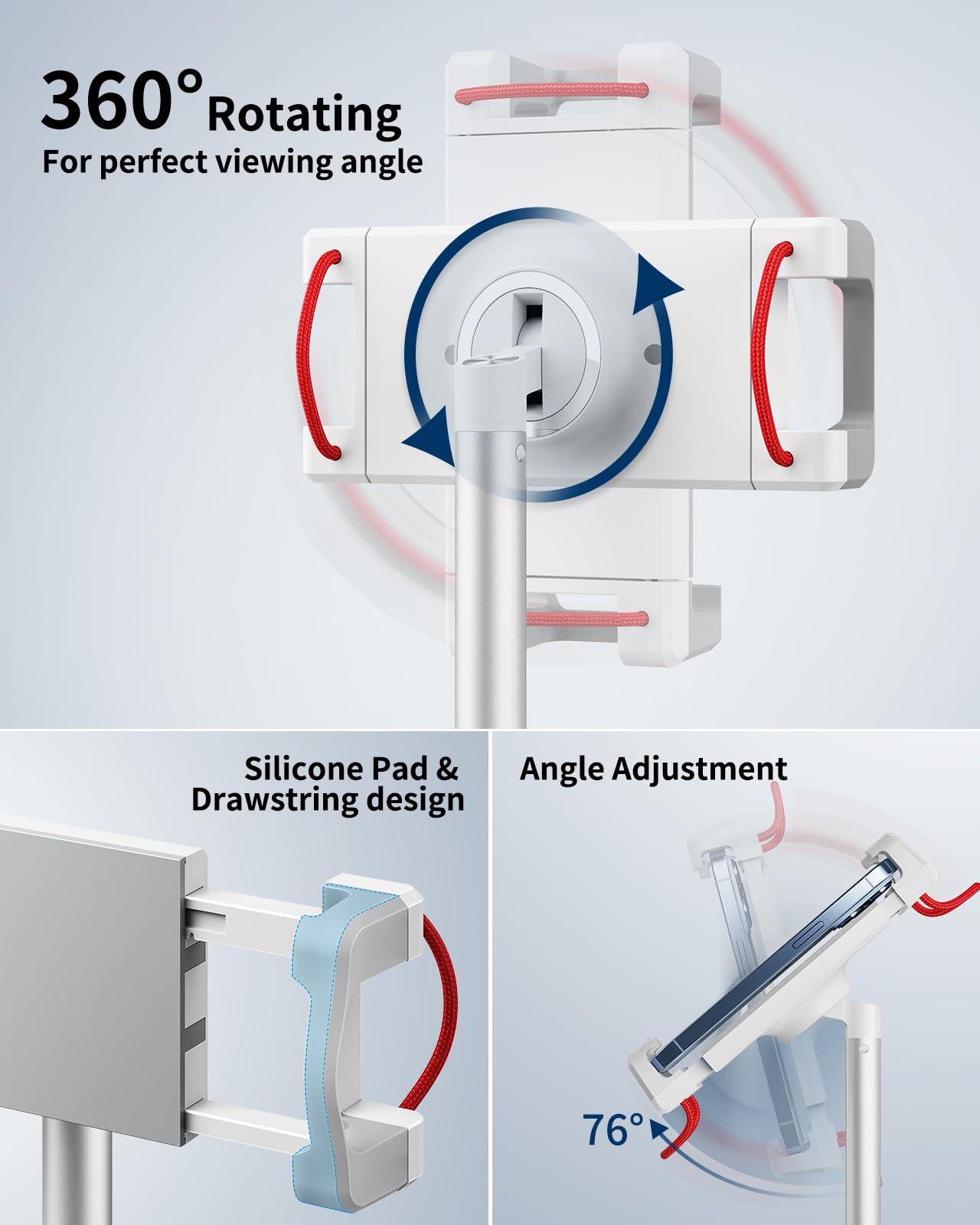 SAIJI Tablet Stand Holder, Height Adjustable Portable Monitor Stand, 360 Degree Rotating, Aluminum Alloy Cradle Mount Dock for 4.7"-15.6" Screen iPhone Samsung, iPad, Kindle, eBook Reader (Silver)