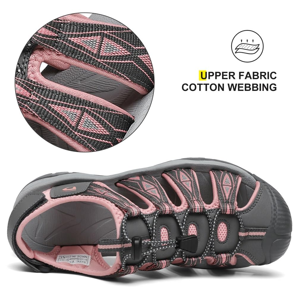 Dannto Women's Sport Hiking Sandals Closed Toe Outdoor Athletic Walking Sandal Lightweight Summer Water Shoes Grey and Pink Size 8.5