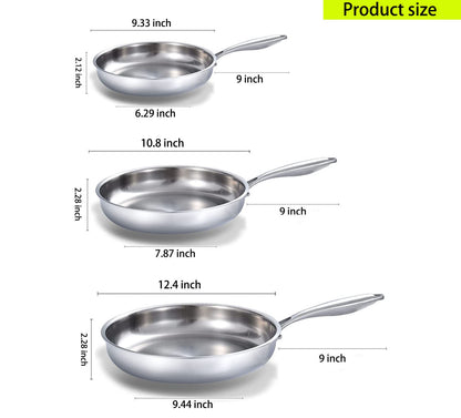 DELARLO Whole Body Tri-Ply Stainless Steel Frying Pan set, 8”/10”/12” Cooking pans, Kitchen Cookware Set, Fast Heating Chef's pan with Ergonomic Handles, Suitable for All Stove