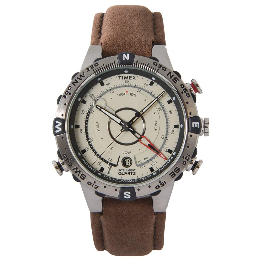 Timex Men's T2N721 Intelligent Quartz Compass Tide Temperature Silver Case Brown Strap Watch