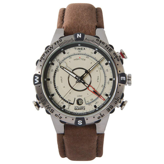 Timex Men's T2N721 Intelligent Quartz Compass Tide Temperature Silver Case Brown Strap Watch