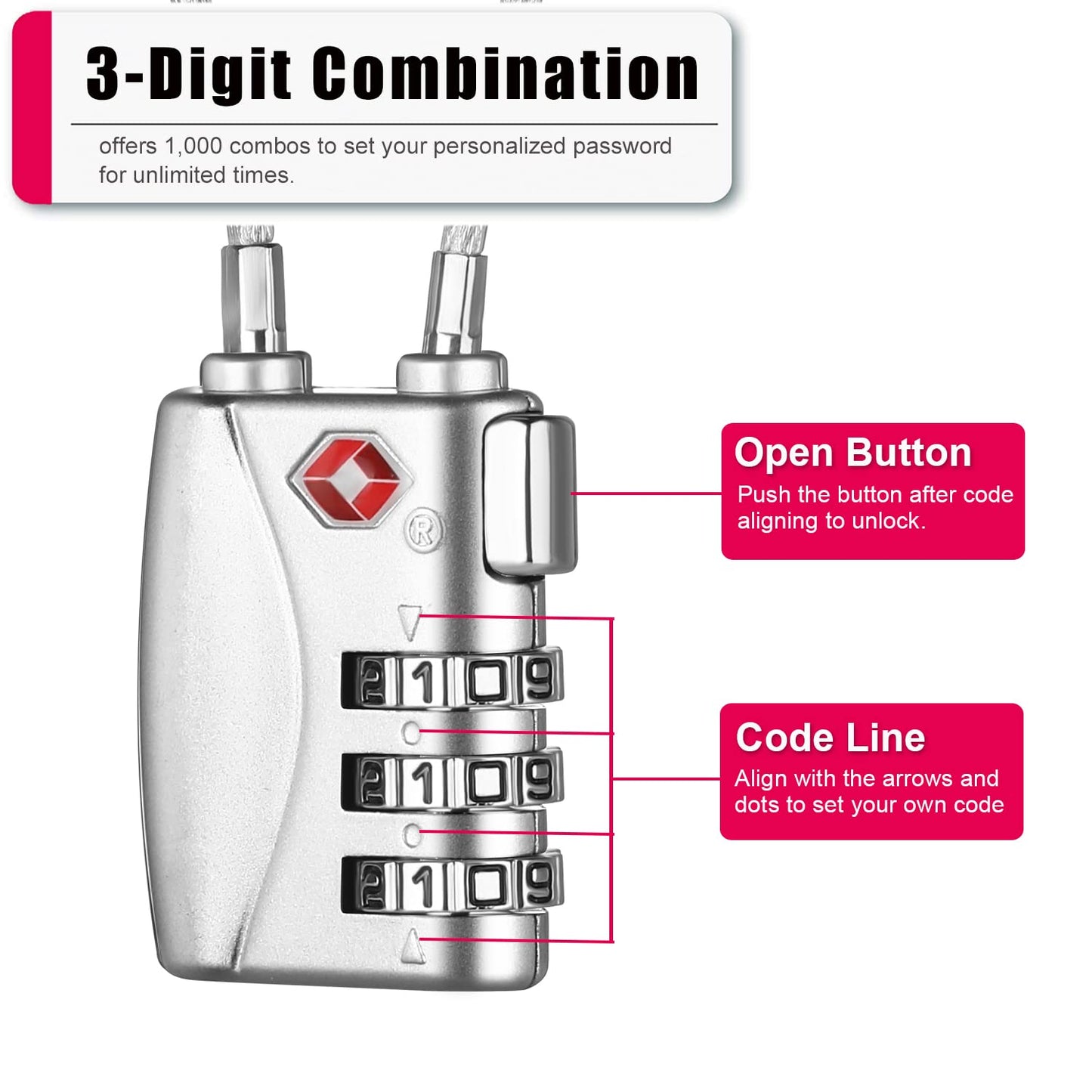 ZHEGE TSA Lock for Luggage 3 Digit Combination Cable Lock with Alloy Body for Suitcase, Baggage, Backpack, Pistol Case (Silver)