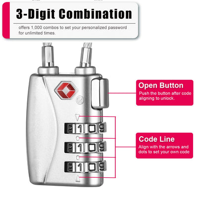 ZHEGE TSA Lock for Luggage 3 Digit Combination Cable Lock with Alloy Body for Suitcase, Baggage, Backpack, Pistol Case (Silver)