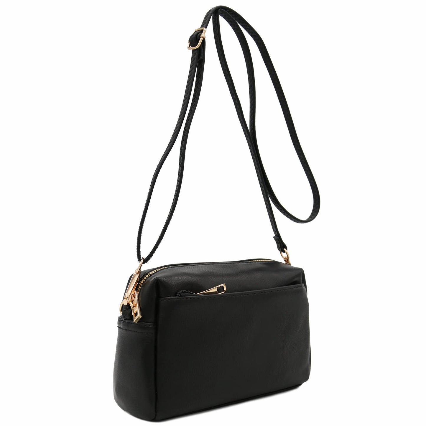 FashionPuzzle Triple Zip Small Crossbody Bag (Black)