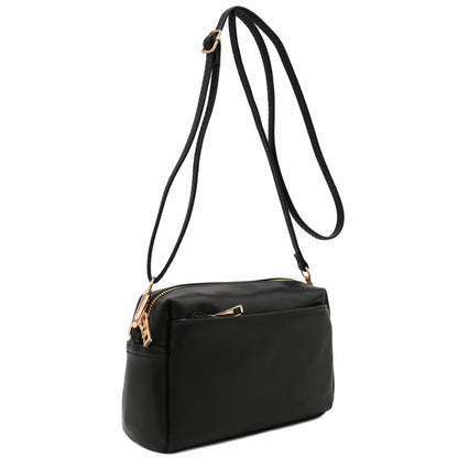 FashionPuzzle Triple Zip Small Crossbody Bag (Black)