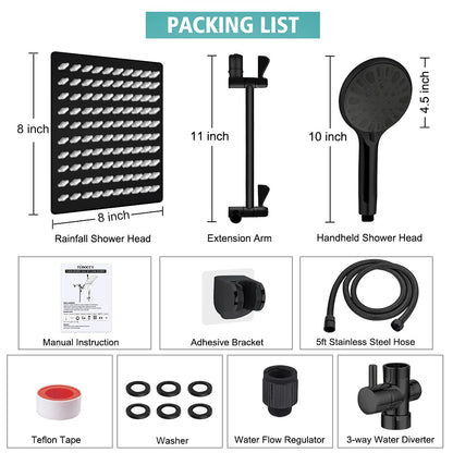 Shower Head, 8‘’ High Pressure Rainfall/Handheld Shower Combo with 11'' Extension Arm, 9 Settings, Anti-leak Shower Head with Holder, Height/Angle Adjustable, Chrome, Matte Black