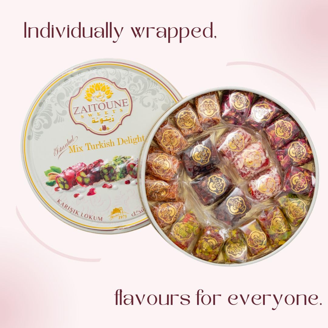 Zaitoune Turkish Delight Mix - 9 oz | Luxury Coatings of Pomegranate, Pistachio, Coconut, Kataifi & Rose | Authentic Lokum Sweet Assortment in a Beautiful Gift Tin | Handmade & Individually Wrapped