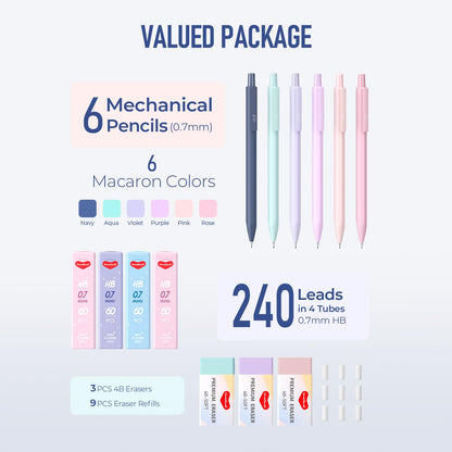 Smallbudi 6PCS 0.7mm Mechanical Pencils Set with Case, Cute Pastel Mechanical Pencil with 240PCS HB Lead Refills, 3 Erasers, Aesthetic Back to School Supplies for Student Writing Drawing Sketching
