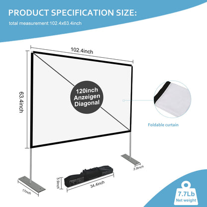 Projector Screen with Stand 120 inch 16:9 HD 4K Outdoor Indoor Projection Screen for Home Theater 3D Fast-Folding Projector Screen with Stand Legs and Carry Bag Projection Movie Wrinkle-Free