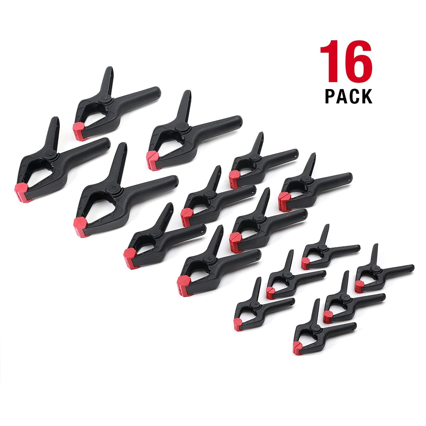 WORKPRO 16-Piece Nylon Spring Clamp Set-4pc 6-1/2", 6pc 4-1/2" , 6pc 3-3/8", for Woodworking, Photography Studios and DIY Works, Black