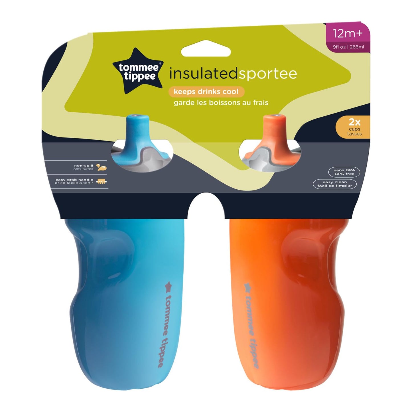 Tommee Tippee Insulated Sportee Bottle, for 12m+, 9oz, Pack of 2 Non-Spill Toddler Water Bottles, Orange and Blue, with Two-Piece Valve to Help Stop Spills, Bite-Resistant Spout and Easy-Hold Handle