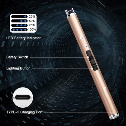 SUPRUS Electric Lighter Candle Type C Rechargeable Lighter with Upgraded LED Battery Display Safety Switch Flameless Plasma Windproof for Candle Cooking BBQs Fireworks (Champagne Gold)