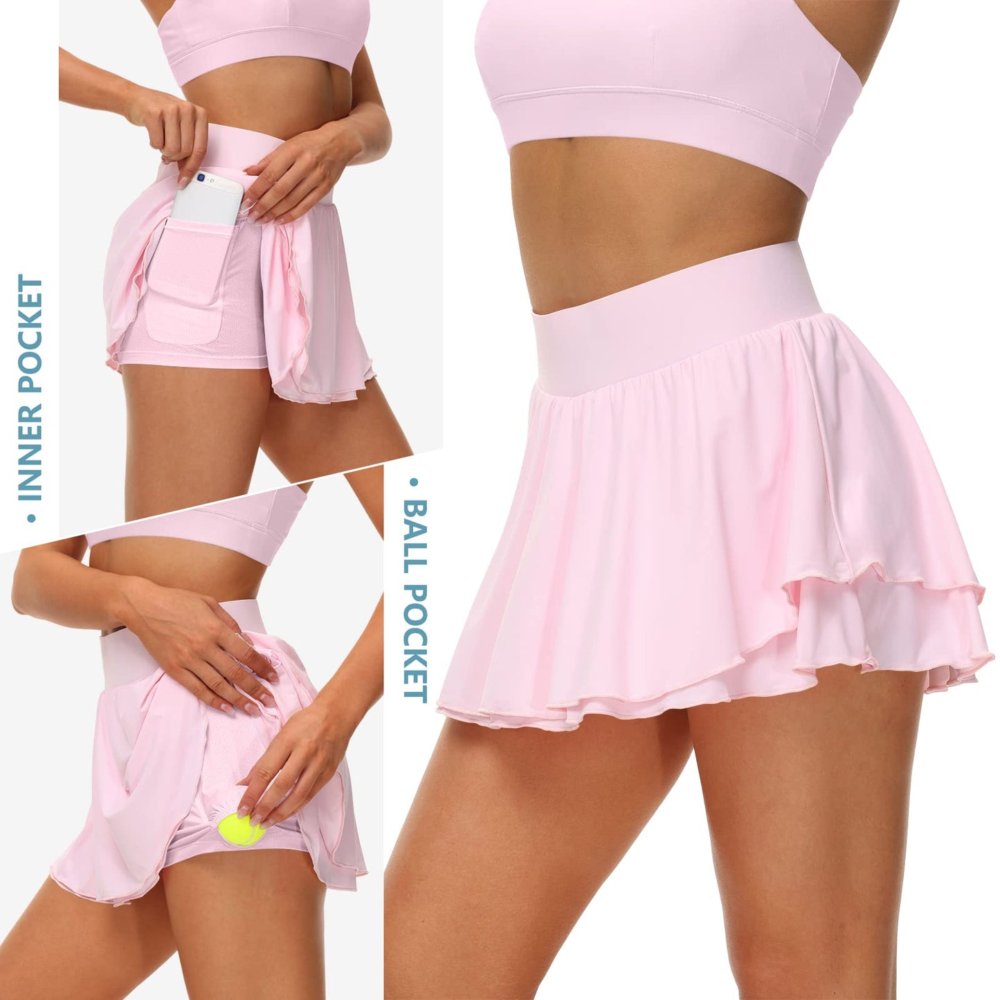 UrKeuf Women's Athletic Tennis Skirts with Pockets 13in Ruffle Golf Running Workout Ice Silk Flowy Skorts with Sports Shorts Light Pink