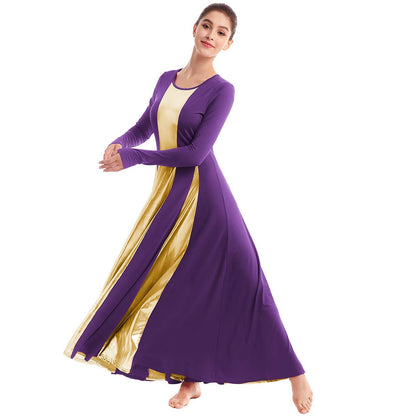 Womens Liturgical Praise Lyrical Dance Dress Loose Fit Full Length Metallic Color Block Long Sleeve Worship Costume Ballet Maxi Swing Gown Purple+Gold XL