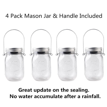 CHBKT 4-Pack Solar-powered Mason Jar Lights (Mason Jar / Handle Included),20 Bulbs Jar Hanging Light,Garden Outdoor Solar / Hanging Lantern,Decor Solar Light,Table Light,Patio Path Light,Warm White