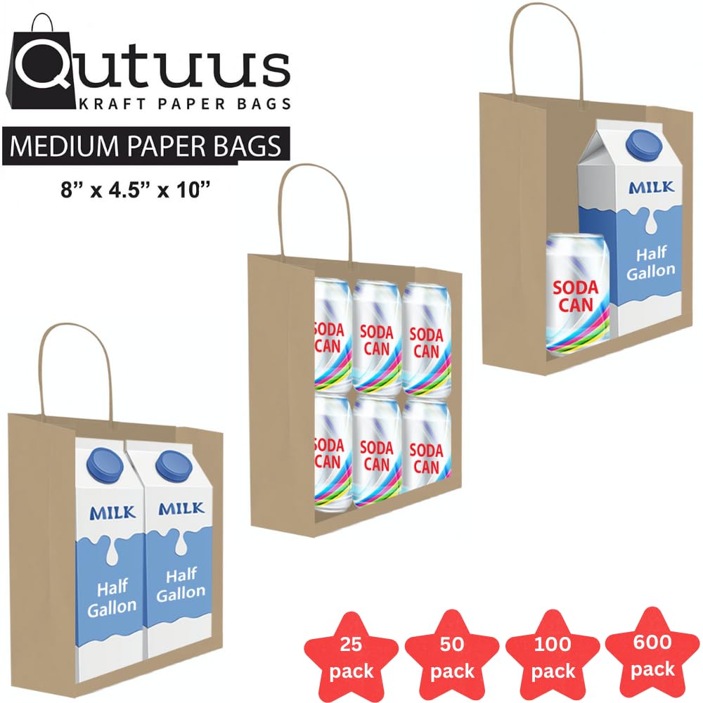 Qutuus Kraft Paper Gift Bags with Handles 8x4.5x10 25Pcs Brown Gift Bags Bulk Medium Size Small Business Bags, Party Bags, Retail Kraft Shopping Bags