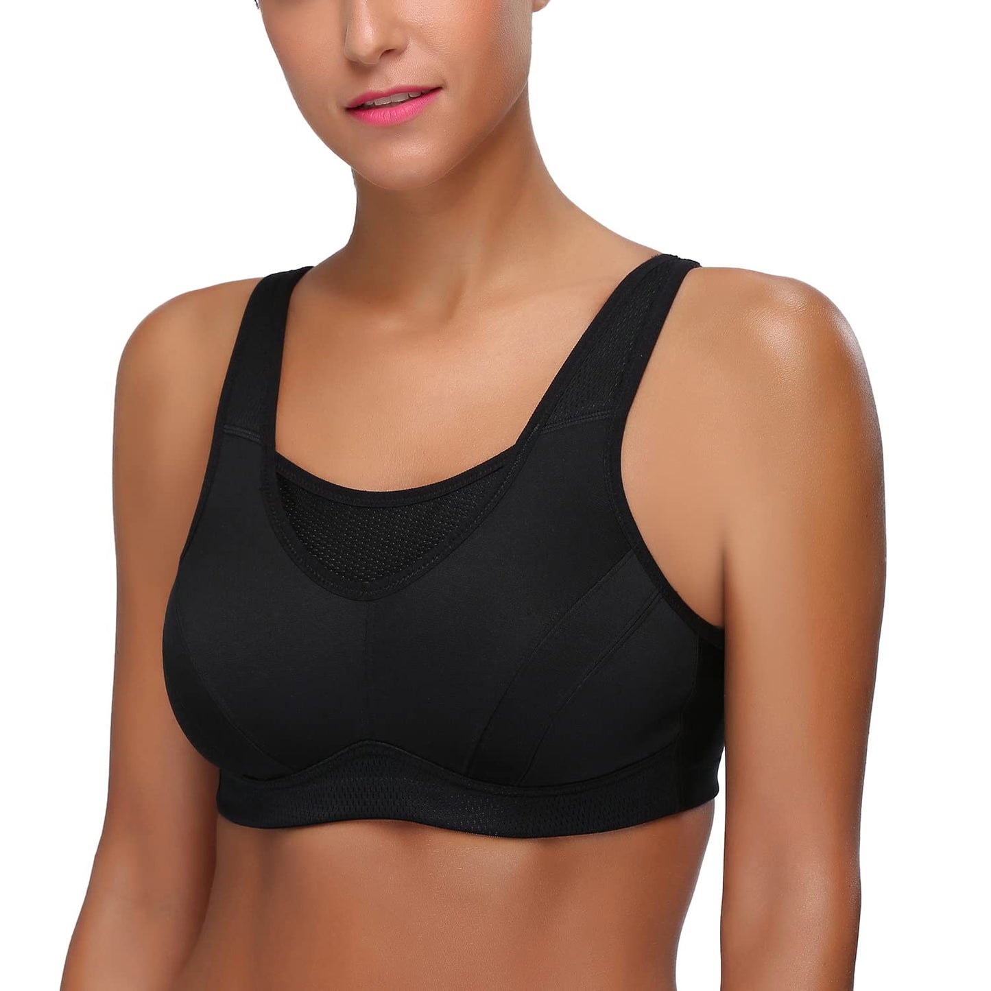 Wingslove Women's Full Coverage High Impact Wirefree Workout Non Padded Sports Bra Bounce Control (Black,38DD)