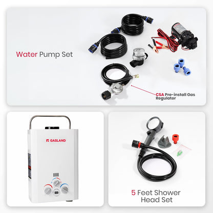 GASLAND 6L 1.58GPM Portable Propane Tankless Water Heater with 1.6 GPM Water Pump and 1/2" Twist-On Pipe Strainer