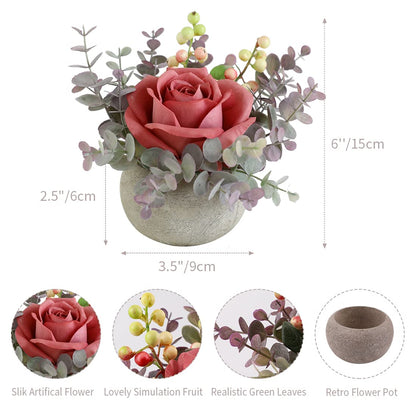 Rosscer Artificial Flowers Kit with Pot, Combination of Fake Silk Pink Roses and Greenery,Small Plant Potted Decor for Offices,Bookshelf,Bedroom, Living Room,Party,Wedding Decorations