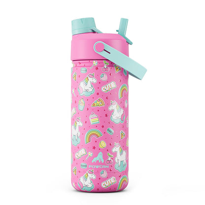 18 oz Kids Water Bottle for School: Leakproof, 2-in-1 Straw Spout Lid, BPA-Free, Easy Carry, Keep Cold 24H, Insulated Stainless Steel Cup for Backpack, Sports, Camping, Trip, Gift, Home (Cute Unicorn)