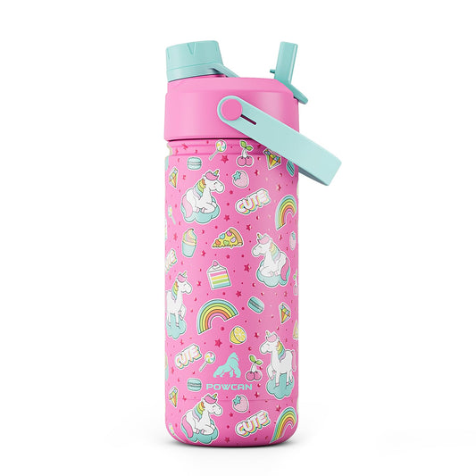 18 oz Kids Water Bottle for School: Leakproof, 2-in-1 Straw Spout Lid, BPA-Free, Easy Carry, Keep Cold 24H, Insulated Stainless Steel Cup for Backpack, Sports, Camping, Trip, Gift, Home (Cute Unicorn)