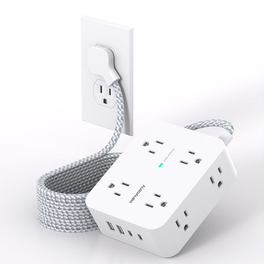 10 ft Extension Cord, HANYCONY 1080J Surge Protector Power Strip Long Cord with 8 AC Outlets and 4 USB Ports (2 USB-C), Wall Mount, Desk Charging Station for Home Office College Dorm Room Essentials