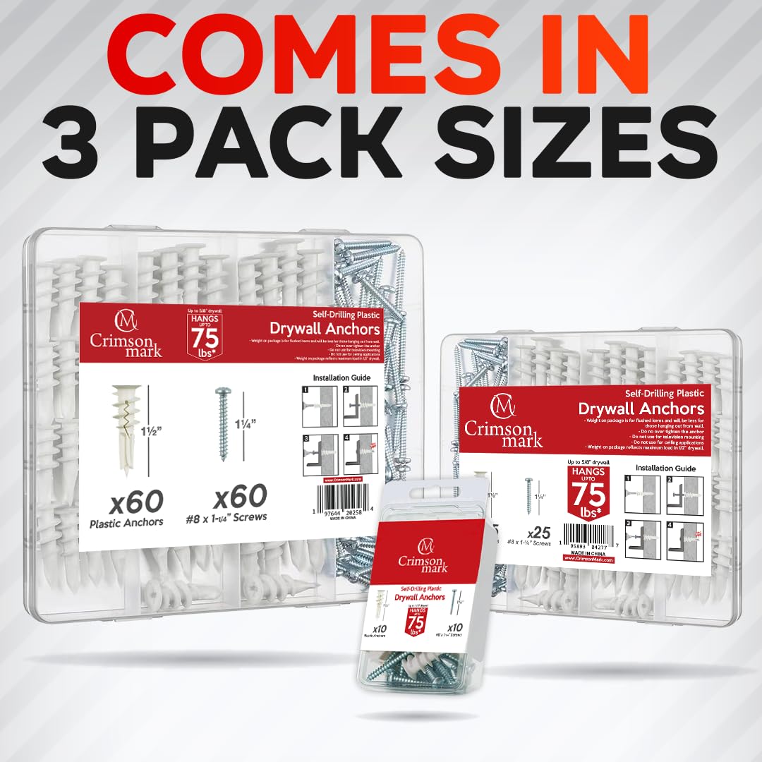 CrimsonMark 120Pcs #8 Self Drilling Drywall Anchors and Screws kit #8 x 1-1/4”- Superb Wall Anchors for Drywall, Holds Upto 75lbs – No Drill Hole Required with These Dry Wall Screws and Anchors